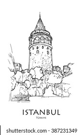 ISTANBUL, TURKEY - Galata tower (Galata Kulesi), hand created sketch. Postcard, poster
