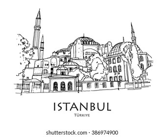 ISTANBUL, TURKEY - Hagia Sophia, museum. Hand drawn sketch. Postcard, poster