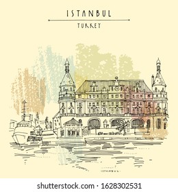 Istanbul, Turkey. Haydarpasa train station and dock. Hand drawn tourist attraction, beautiful old architecture. Travel sketch of a nice building. Vintage touristic postcard or poster. Eps10 vector