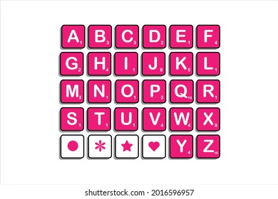 Istanbul, Turkey - July, 2021: Complete Alphabet Uppercase In Scrabble Letters. Isolate Vector Illustration In Hot Pink Colour With Black Thick Outline.