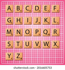 Istanbul, Turkey - July, 2021: Complete Alphabet Uppercase In Scrabble Letters. Isolate Vector Illustration Over Pink Background