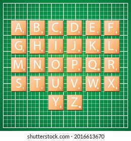 Istanbul, Turkey - July, 2021: Complete Alphabet Uppercase In Scrabble Letters. Isolate Vector Illustration In Wooden Boxes Over Green Background