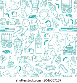 istanbul and turkey seamless pattern with hand drawn doodles . Good for packaging, prints, wrapping paper, backgrounds, scrapbooking, planners, etc. EPS 10