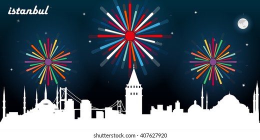 Istanbul Turkey skyline silhouette, dark night sky with fireworks vector design