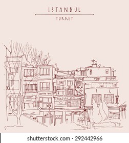 Istanbul, Turkey. View of residential buildings, shops trees, sky. Freehand drawing with liner pen and pencils on paper. Travel sketch, hand lettering. Postcard graphic design template, hand lettering