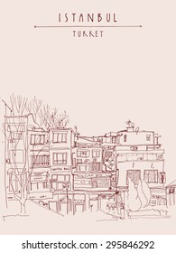 Istanbul, Turkey. View of residential buildings, shops trees, sky. Freehand drawing with liner pen and pencils on paper. Travel sketch, hand lettering. Postcard graphic design template, hand lettering