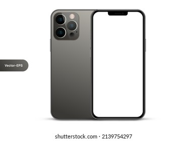 Istanbul, Turkey-March 23, 2022: New space gray black color smartphone released iPhone 13 pro front and back side. Smartphone mockup with blank white screen for ui ux, app, web, presentation, design.
