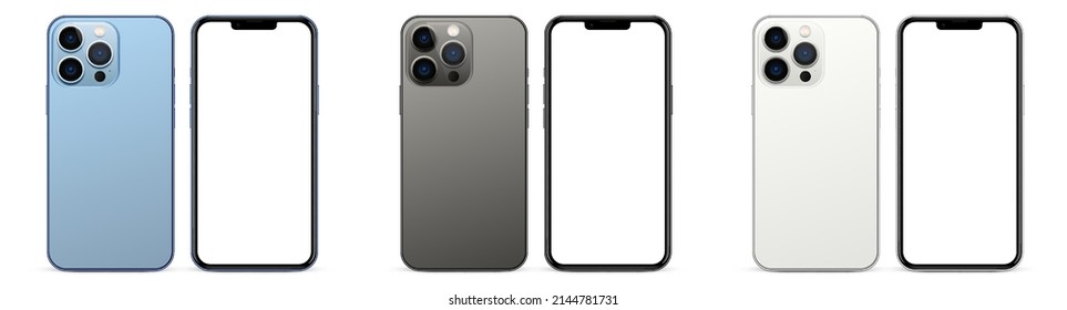 Istanbul, Turkey-March 23, 2022: New all colors smartphone released iPhone 13 pro front and back side. Smartphone mockup with blank white screen for ui ux, app, web, presentation, design.
