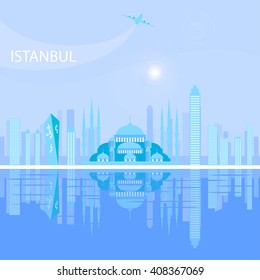 Istanbul, Turkey's largest city, a major commercial, industrial and cultural center, the main port of the country. Istanbul in blue shades with reflection. Istanbul, Turkey City, vector illustration. 