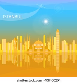Istanbul, Turkey's largest city, a major commercial, industrial and cultural center, the main port of the country. Istanbul in blue shades with reflection. Istanbul, Turkey City, vector illustration. 