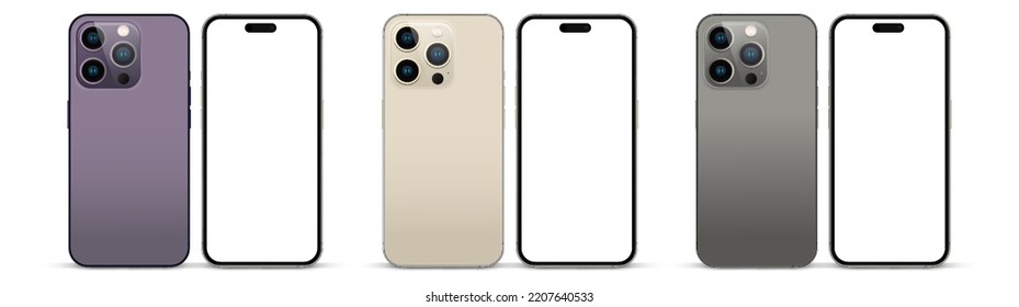 Istanbul, Turkey-September 28, 2022: New all colors smartphone released iPhone 14 pro front and back side. Smartphone mockup with blank white screen for ui ux, app, web, presentation, design.