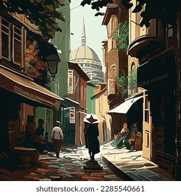 Istanbul Turkiye Landscape vector illustration. Abstract cityscape with the main attractions at sunset