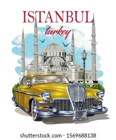 Istanbul typography for t-shirt print with Blue Mosque and retro car.Vintage poster.