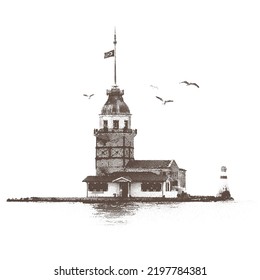 Istanbul Uskudar Maiden's Tower vector engraving illustration. (Turkish: Kız Kulesi). isolated vector.