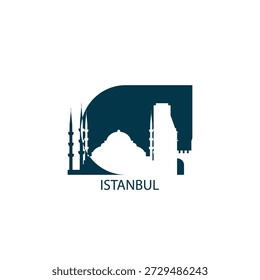 Istanbul vector icon with skyline, panoramic view, outlook shape. Turkey city landmarks logo concept. Flat isolated graphic, badge