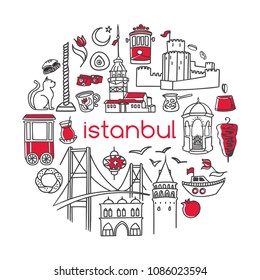 Istanbul. Vector illustration of famous turkish symbols and landmarks in circle frame. Hand drawn outline doodle elements isolated on white. City tourism design conception Simple minimalistic style.