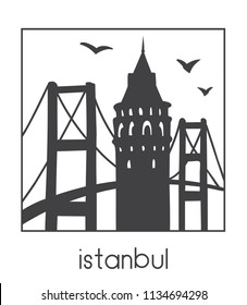 Istanbul. Vector illustration of famous turkish attractions the bridge and Galata tower. Black silhouettes in the square composition isolated on white with outline frame. Travel icon, emblem, logo.
