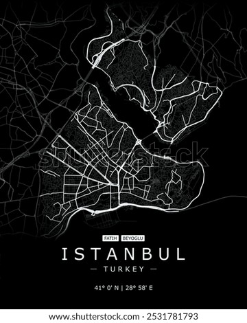 Istanbul vector map in black. Detailed map of Istanbul in Turkey. Best free vector illustration. Tourist decorative street map.