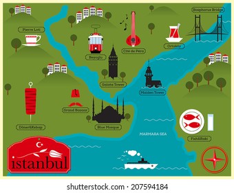 Istanbul Vector Map Illustration with Istanbul Landmarks