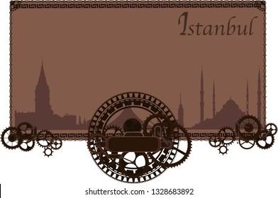 Istanbul vintage skyline frame, vector background cogs, gears, sign menu wheel, old retro, steampunk logo