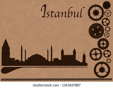 Istanbul vintage skyline frame, vector background cogs, gears, sign menu wheel, old retro, steampunk logo