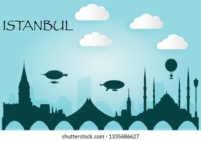 Istanbul vintage skyline, paper cut tourism, silhouette, Turkey, boats, ships
