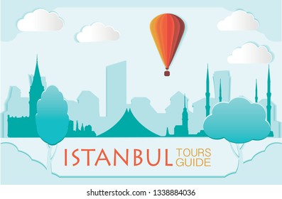 Istanbul vintage skyline, paper cut tourism, silhouette, Turkey, boats, ships