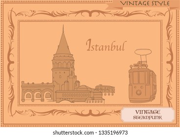 Istanbul vintage skyline, tourism, silhouette, Turkey leaves