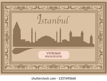 Istanbul vintage skyline, tourism, silhouette, Turkey leaves