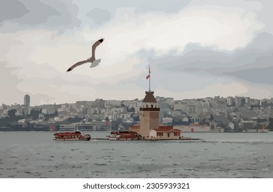 istanbul,Turkey.May 19,2023.The Maiden Tower in Bosphorus Strait, Istanbul, Turkey.image after restoration