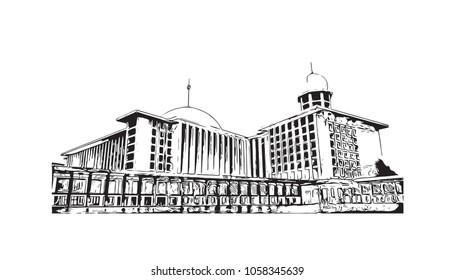 Istiqlal Mosque in Central Jakarta, Indonesia. Template for Ramadan kareem and Eid Mubarak. Hand drawn sketch illustration in vector.