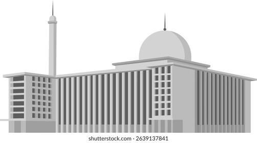 Istiqlal Mosque Indonesian Landmark Building Illustration Vector. Istiqlal mosque in grayscale. isolated istiqlal mosque with outline.