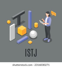 Istj mbti type isometric composition with geometric figures and female character writing on tablet on grey background vector illustration