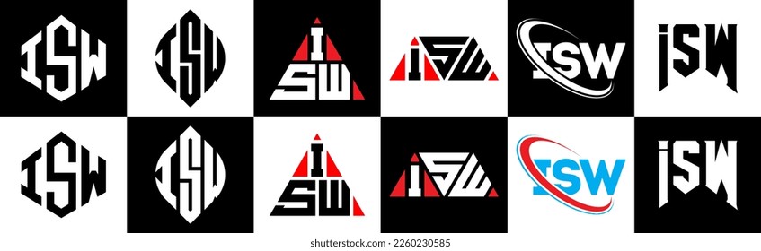 ISW letter logo design in six style. ISW polygon, circle, triangle, hexagon, flat and simple style with black and white color variation letter logo set in one artboard. ISW minimalist and classic logo