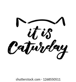 "It is Caturday" Hand sketched lettering typography.  Trendy doodle lettering art. Cats wild collection. Ready-to-print design template. Clothes badge,icon,logo,banner,tag. Vector illustration.