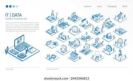 IT, Information, data technology business Isometric illustrations set. Busy people teamwork 3d scenes. Men, women work team. Vector Infographic, presentation design. Database, vr, program icon concept