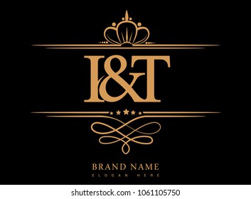 I&T Initial logo, Ampersand initial logo gold with crown and classic pattern