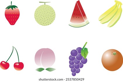 "É um conjunto de ilustrações de frutas. Contém morangos, melões, melancia, bananas, cerejas, pêssegos, uvas, ilustrações de laranja."