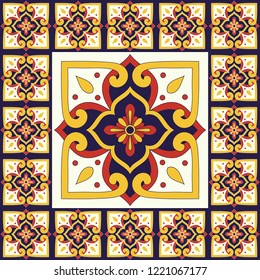Italain tile pattern floor vector with old mosaic print. Big element in center is framed. Background with portuguese azulejos, mexican talavera, italy sicily majolica, spanish ceramic motifs.