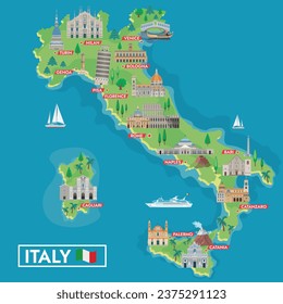 Itali Travel map illustration with Italian landmarks.