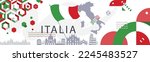 Italia banner design. Italia flag with geometric abstract design with green and red color. Background with Italy landmark element. Suitable for Italia National day banner background