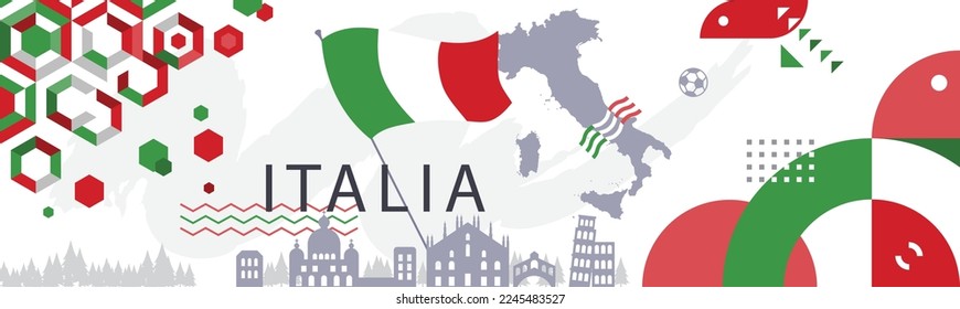 Italia banner design. Italia flag with geometric abstract design with green and red color. Background with Italy landmark element. Suitable for Italia National day banner background