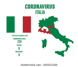 Italia coronavirus statistics in february 2020. Map of Italia. 2019-nCoV. Dangerous chinese ncov corona virus. Vector illustration. Coronavirus in Italia. Italia coronavirus.