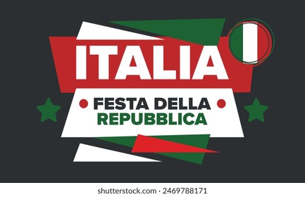 Italia. Festa della Repubblica Italiana. Texto en italiano: Día de la República Italiana Feliz fiesta nacional. Celebrado anualmente el 2 de junio en Italia. Bandera de Italia. Diseño patriótico. póster de Vector