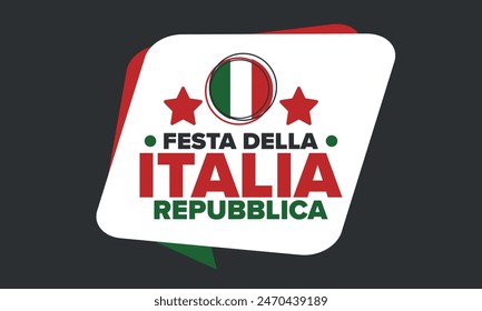 Italia. Festa della Repubblica Italiana. Texto en italiano: Día de la República Italiana Feliz fiesta nacional. Celebrado anualmente el 2 de junio en Italia. Bandera de Italia. Diseño patriótico. póster de Vector