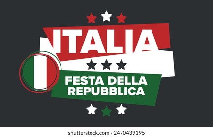 Italia. Festa della Repubblica Italiana. Texto en italiano: Día de la República Italiana Feliz fiesta nacional. Celebrado anualmente el 2 de junio en Italia. Bandera de Italia. Diseño patriótico. póster de Vector