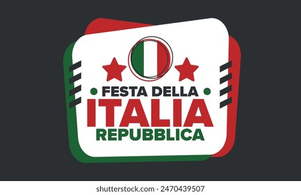 Italia. Festa della Repubblica Italiana. Texto en italiano: Día de la República Italiana Feliz fiesta nacional. Celebrado anualmente el 2 de junio en Italia. Bandera de Italia. Diseño patriótico. póster de Vector