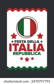 Italia. Festa della Repubblica Italiana. Texto en italiano: Día de la República Italiana Feliz fiesta nacional. Celebrado anualmente el 2 de junio en Italia. Bandera de Italia. Diseño patriótico. póster de Vector