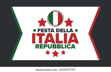 Italia. Festa della Repubblica Italiana. Texto en italiano: Día de la República Italiana Feliz fiesta nacional. Celebrado anualmente el 2 de junio en Italia. Bandera de Italia. Diseño patriótico. póster de Vector