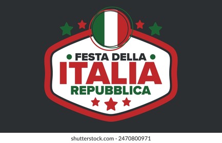 Italia. Festa della Repubblica Italiana. Texto en italiano: Día de la República Italiana Feliz fiesta nacional. Celebrado anualmente el 2 de junio en Italia. Bandera de Italia. Diseño patriótico. póster de Vector